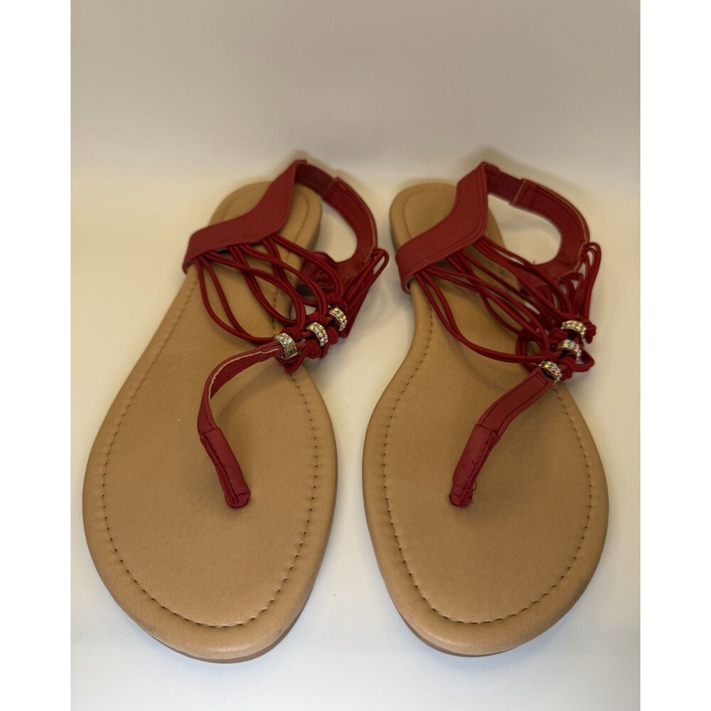 C. Est. 1946 Women’s Red/Tan Strappy Slip On Sandals Beaded Faux Leather 11